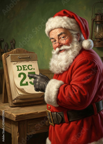 Smiling Santa Claus Pointing at December 25 on a Wooden Calendar