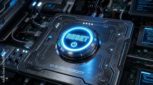 Futuristic glowing reset button embedded in metallic circuit panel, illuminated blue light, surrounded by wires and modules, symbolizing system reboot, renewal, and technological control.