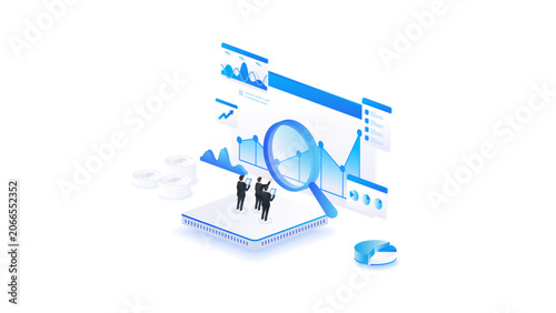 Isometric stock market analysis concept with data charts, magnifying glass, analyzing financial dashboard and buy sell trading interface.