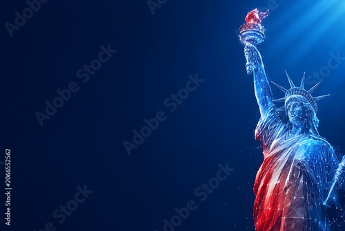 Abstract wireframe statue of liberty glowing with red and blue light effect on dark background. patriotic background usa independence day, wireframe. patriotic background usa independence day