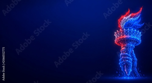 Glowing digital wireframe torch of liberty design with red and blue light particles. patriotic background usa independence day, wireframe, technology. patriotic background usa independence day