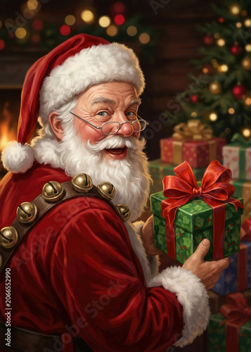 Traditional Santa Claus Holding a Green Christmas Gift Box
