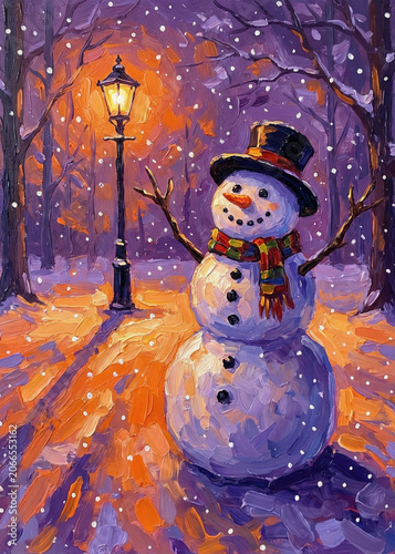 Cheerful Snowman in Winter Wonderland Park at Twilight Painting Art