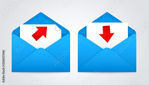 Blue envelopes with red arrow icons representing incoming and outgoing digital mail communication and information transfer concepts.