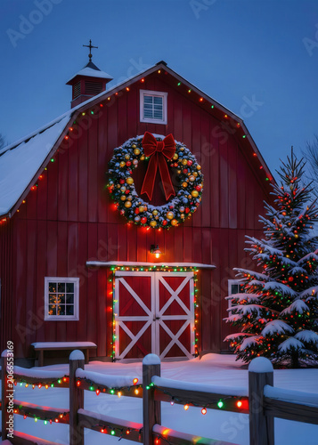 Festive Red Barn Decorated with Christmas Wreath and Lights in Winter Snow