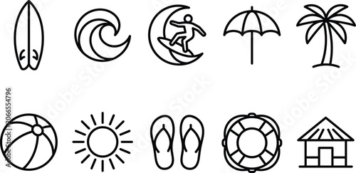 Fotografía Summer vacation icons including palm tree beach umbrella surfer wave surfboard h