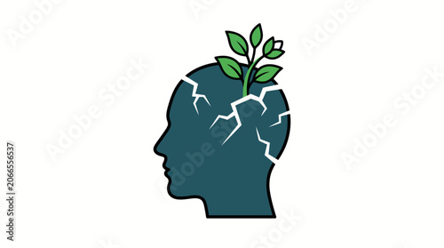 Illustration of a human head in profile with a green plant growing out of cracks in the dark teal-colored brain on a white background.