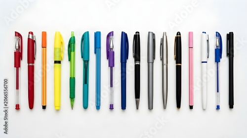 Row of colorful pens on white background