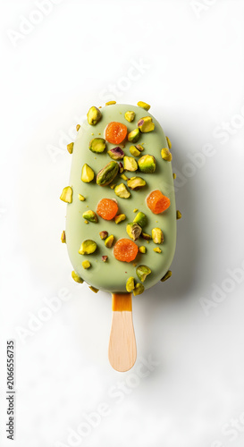 Pistachio ice cream bar with nuts on white background