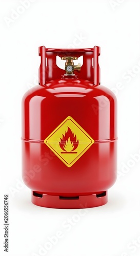 Red gas cylinder with flammable sign on white background
