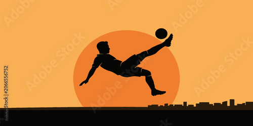 Fényképezés Football athlete mid-air volley kick with sun and city skyline background