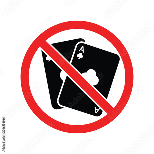 No Gambling Sign Vector Icon with Playing Cards in Red Prohibition Circle