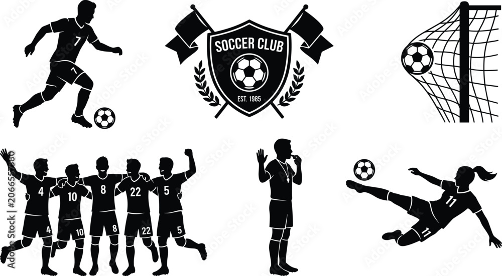Obraz premium Soccer football elements set for image featuring player dribbling club crest logo ball hitting net celebrating team referee and female player bicycle kick