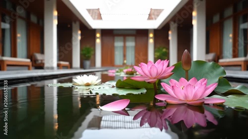 Beautiful pink lotus flowers blooming in a tranquil resort pond.