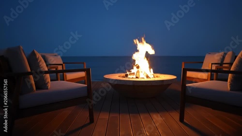 Relaxing evening by a fire pit overlooking the calm ocean at dusk.