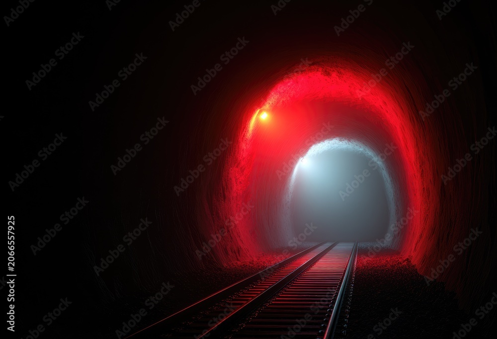 Fototapeta premium Mysterious Red Tunnel with Train Tracks.