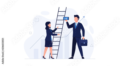 Business people climbing ladder of success, analyzing growth chart on smartphone, symbolizing teamwork and career advancement