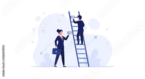 Business People Climbing Ladder with Tablets, Achieving Goals and Success, Data Analysis, Growth Strategy