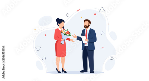 Business People Exchanging Flowers and Documents - Vector Illustration
