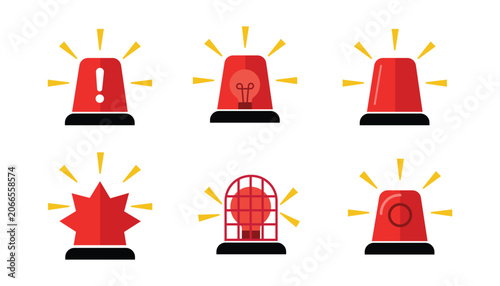 Set of red emergency siren icons, alarm lights for police, ambulance, fire truck and security system, vector illustration