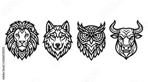 Stylized Animal Heads: Lion, Wolf, Owl, Bull