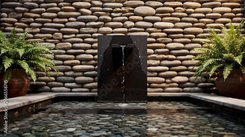 Zen Garden Water Feature With Stone Wall And Ferns.
