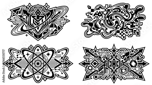 Abstract Futuristic Digital Emblems, Cyberpunk Tech Art