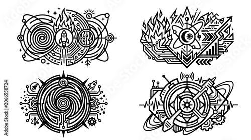 Abstract Futuristic Technology & Science Icons - Innovation & Progress