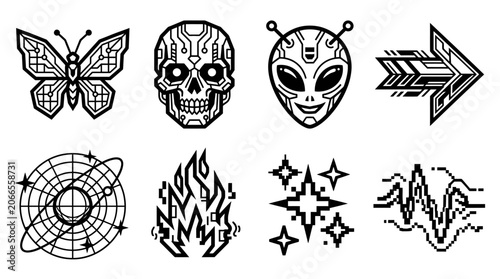 Futuristic Icons: Butterfly, Skull, Alien, Arrow, Radar, Fire, Stars, Waveform