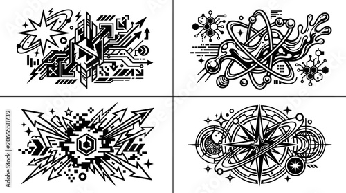 Abstract Geometric Technology & Science Designs: Arrows, Atoms, Compass