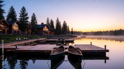 Serene morning landscape with wooden canoes at a lakeside mountain resort at sunrise.