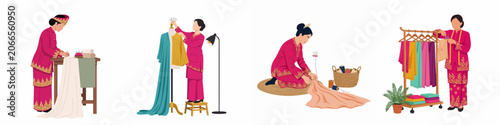 Obraz na plátne Set of illustrations depicting a Southeast Asian woman in traditional attire engaged in various stages of dressmaking and tailoring, from pinning to final garment
