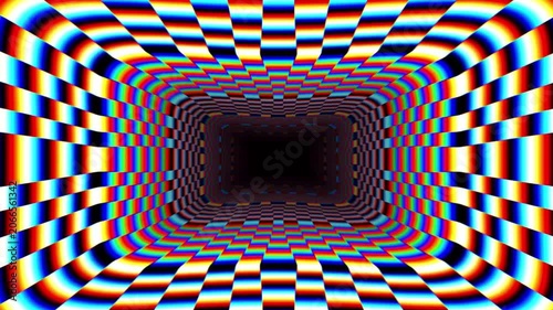 Psychedelic colorful checkered tunnel optical illusion loop video background 4K