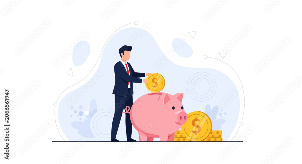Fototapeta premium Businessman Saving Money in Piggy Bank - Vector Illustration for Finance and Investment Concepts