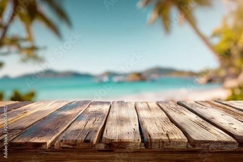 Rustic Wooden Table Surface with Tropical Beach and Ocean Background.