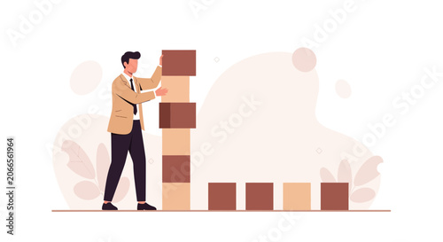 Businessman stacking blocks, representing growth, strategy, building success, and teamwork in a modern flat illustration style.