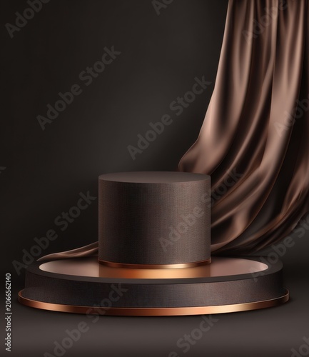 Elegant Dark Podium with Flowing Fabric for Product Display.