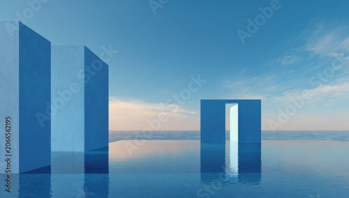 Surreal Blue Rectangles Floating in Calm Water Under a Cloudy Sky.