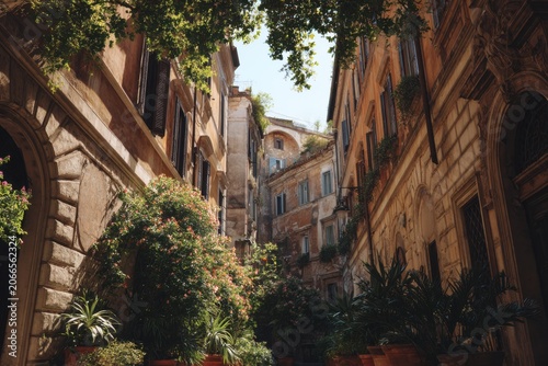 Charming Narrow Street Lined With Old Buildings and Lush Greenery in Rome.