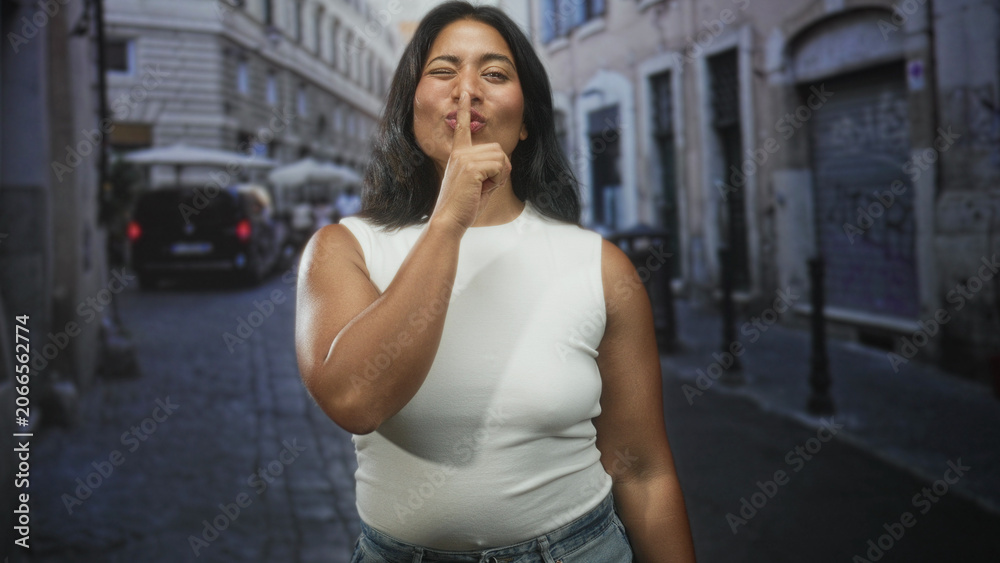 Fototapeta premium Woman finger to lips for silence on a narrow cobblestone street with bollards and parked car; secret hush.