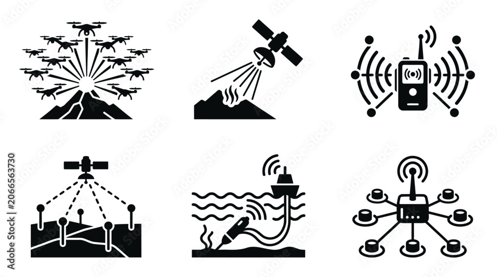 Fototapeta premium Drone Swarm, Satellite, Radio, GPS, Buoy, Network Icons