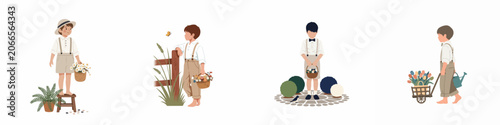 Bild auf Leinwand Flat illustration set of young boys in vintage clothing engaged in spring nature activities including picking flowers, gardening, and exploring outdoors