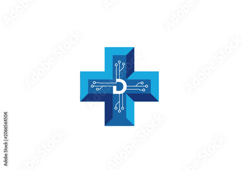 Bild auf Leinwand Digital illustration of a medical cross combined with circuitry elements in blue