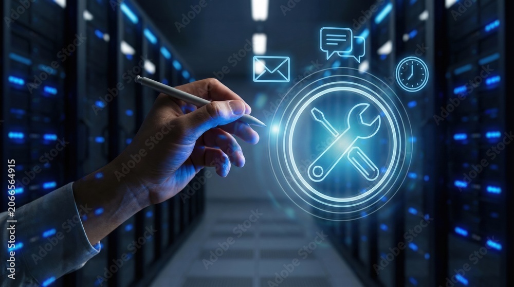 Fototapeta premium Digital technical support service and maintenance workflow automation concept with hand and tool icon in data center room