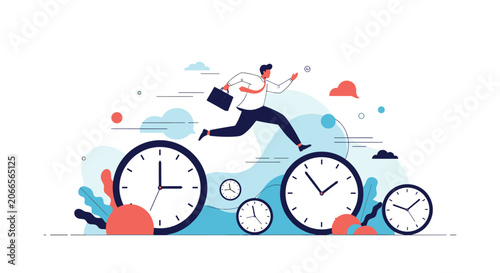 Energetic businessman in a suit jumps over several large white clocks representing fast paced time management and meeting tight corporate deadlines.