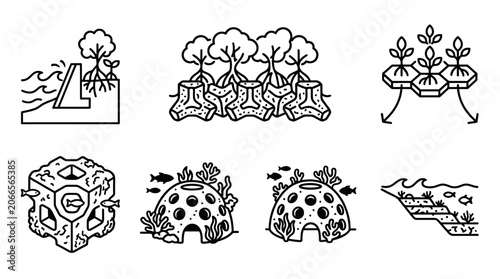 Obraz na płótnie Eco-friendly Coastal Protection and Aquaculture Icons