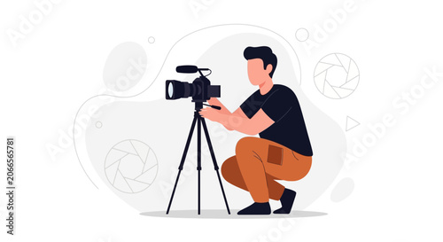 Filmmaker operating video camera on tripod, modern flat illustration style, concept of video production and content creation.