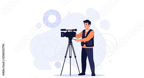 Filmmaker Operating Professional Video Camera on Tripod, Modern Vector Illustration with Abstract Background