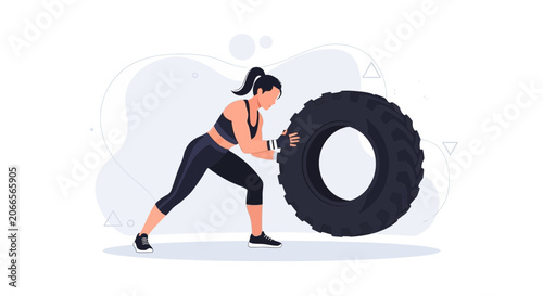 Fit Woman Flipping Tire for Crossfit Workout, Dynamic Action, Fitness Illustration
