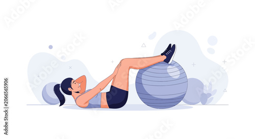 Fit Woman Doing Crunches with Exercise Ball - Flat Illustration Style
